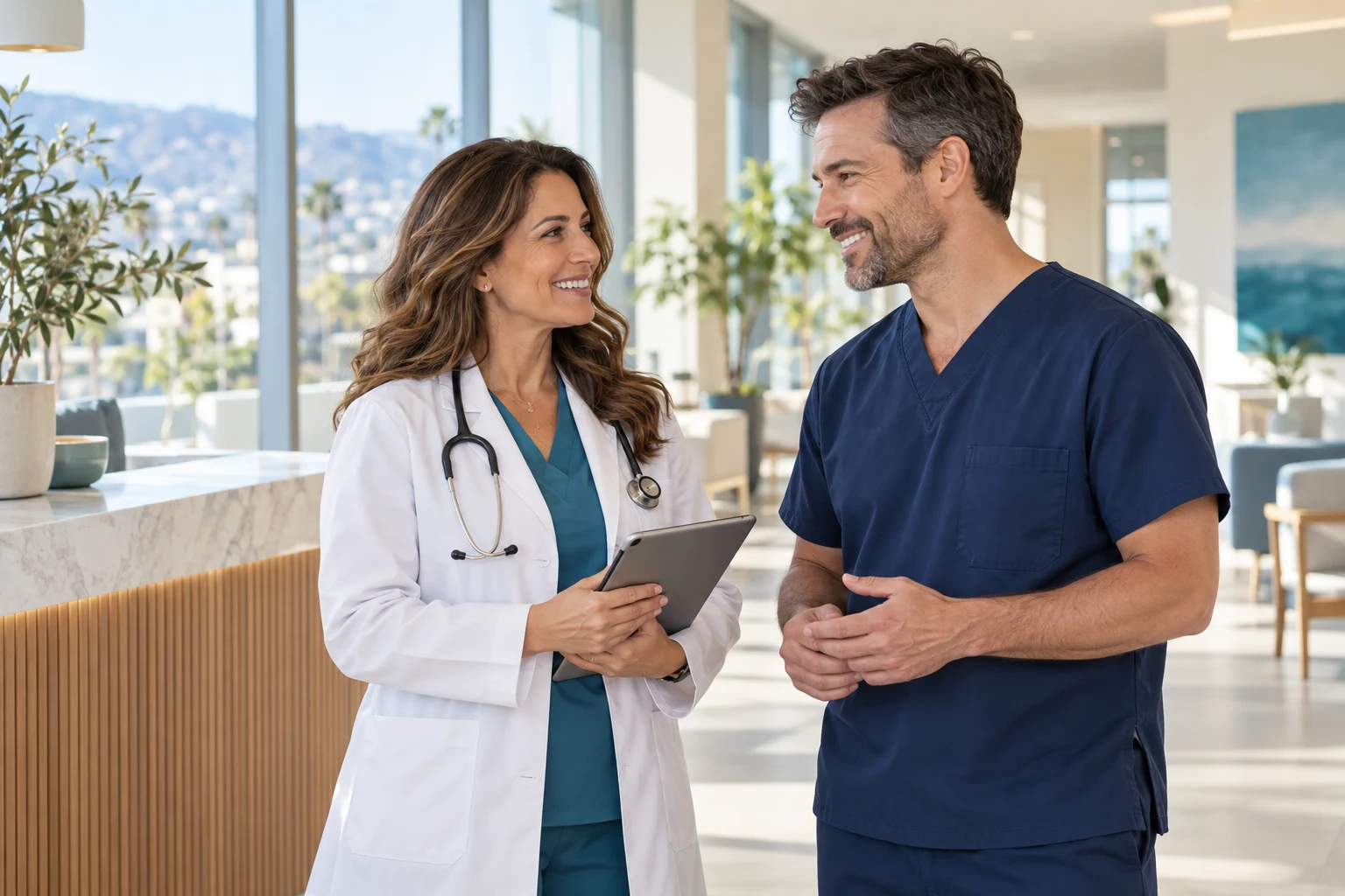 Illustrative healthcare professionals discussing their practice in a bright clinic